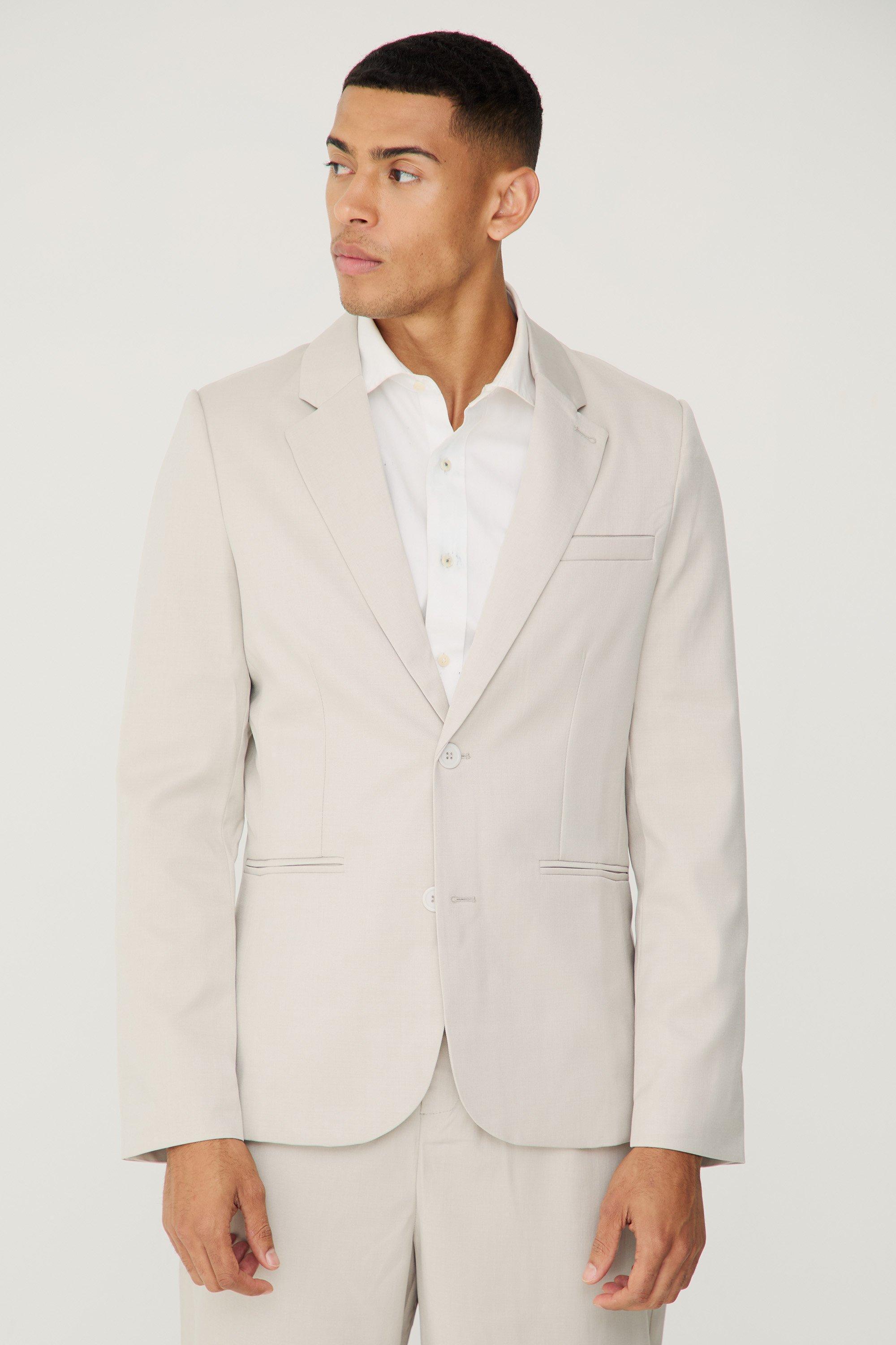 Mens Beige Textured Skinny Single Breasted Suit Jacket, Beige Product Image