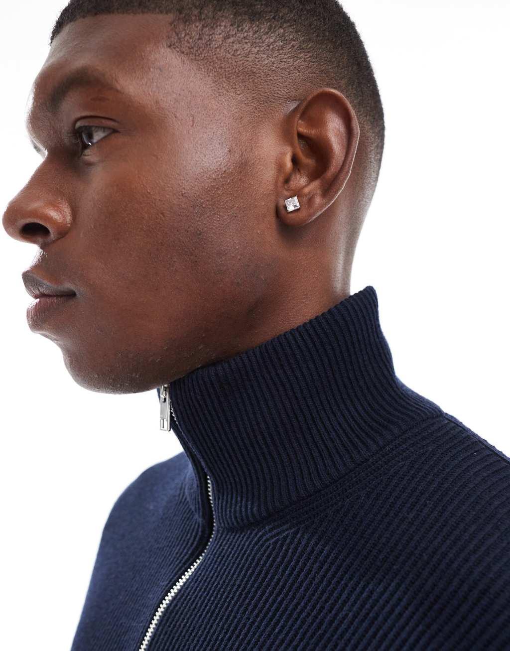 Jack & Jones chunky rib knit half zip sweater in navy  Product Image