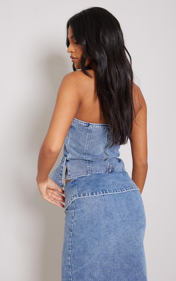 Tall Vintage Light Wash Denim Four Pocket Detail Bandeau Top Product Image