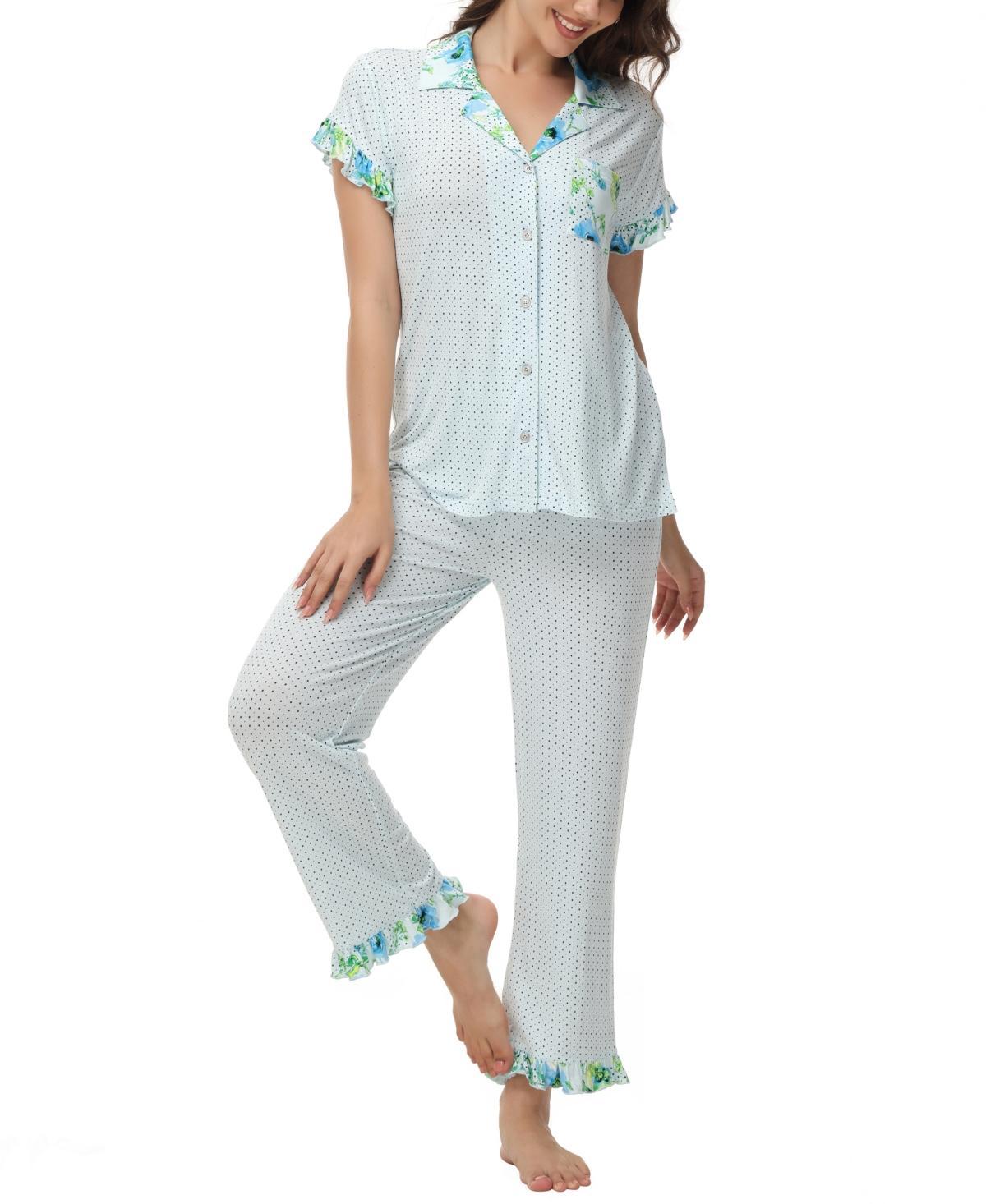 C. Wonder Womens Printed Notch Collar Short Sleeve with Ruffle and Pants 2 Pc. Pajama Set Product Image