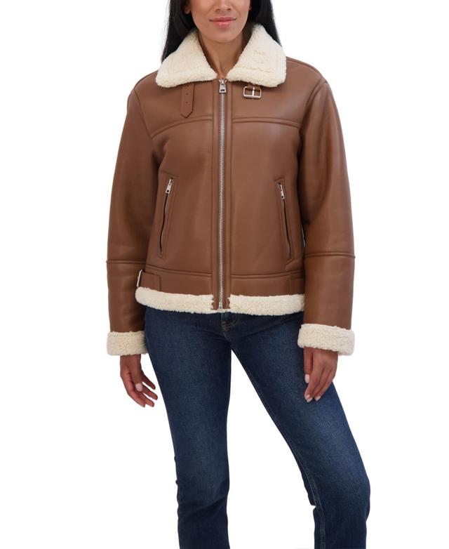 Sebby Collection Womens Zip Front Faux Leather Shearling Jacket Product Image