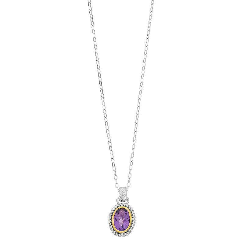 Two Tone Sterling Silver Oval Amethyst Pendant Necklace, Womens Product Image