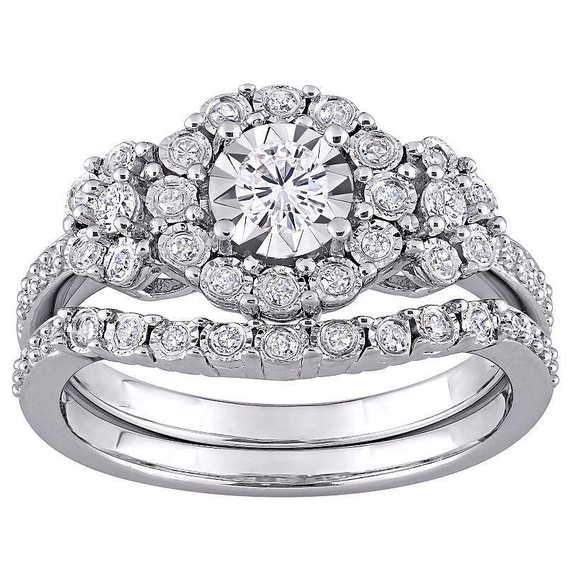 Stella Grace Sterling Silver 1/2 Carat T.W. Diamond Halo Engagement Ring Set, Womens White Product Image