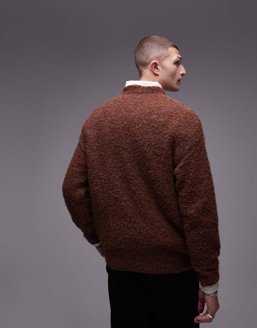 Topman relaxed fit boucle sweater in brown Product Image