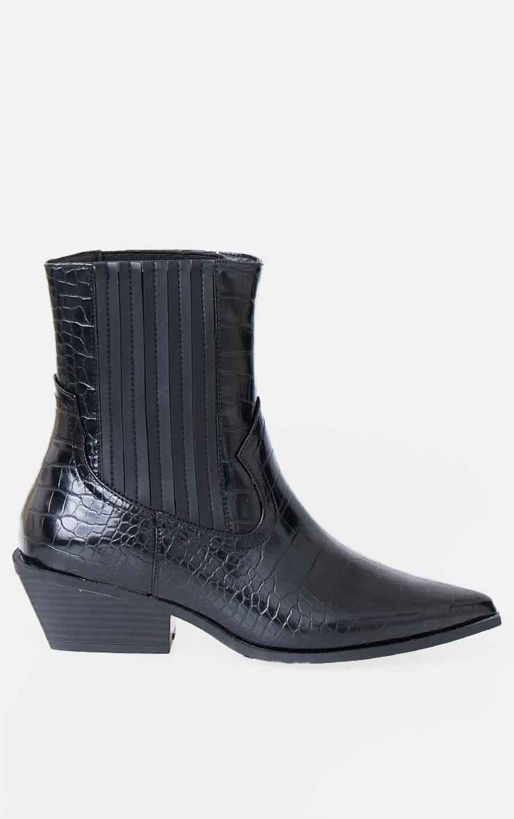 Black Croc PU Point Toe Low Block Heel Western Ankle Boots Product Image