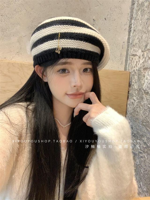 Striped Knit Beret Hat Product Image