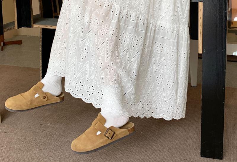 Elastic Waist Plain Embroidered Eyelet Tiered Maxi A-Line Skirt Product Image