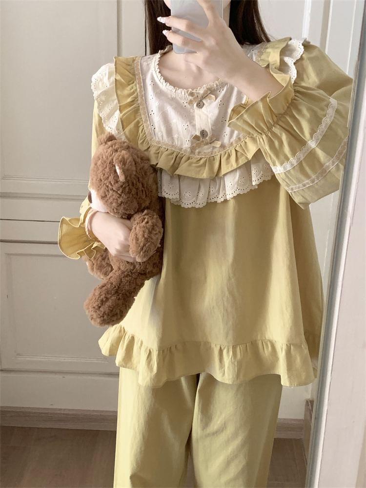 Pajama Set: Long-Sleeve Eyelet Lace Panel Ruffled Shirt + Pants Product Image