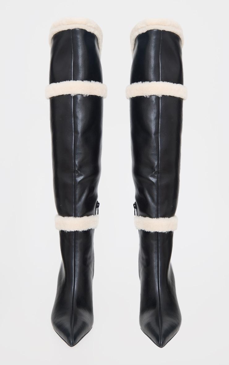 Black Pu Point Toe White Faux Fur High Stiletto Over The Knee Boots Product Image