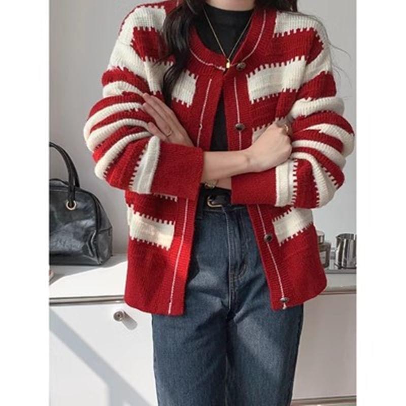 Crew Neck Striped Button-Up Cardigan Product Image