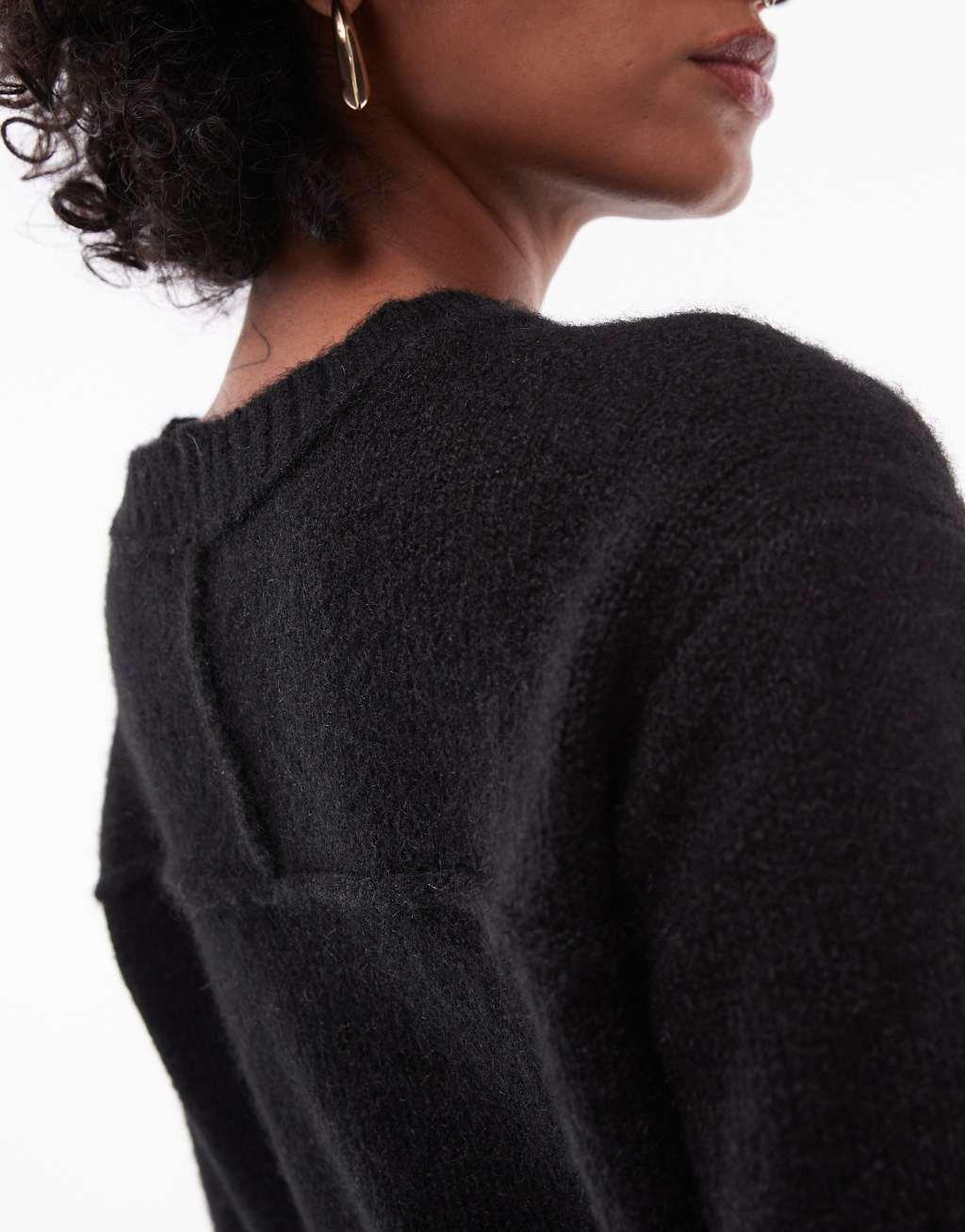 Topshop knit crew with raglan and exposed seam sweater in black Product Image