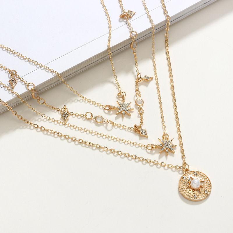 Rhinestone Disc Pendant & Star Layered Necklace Product Image