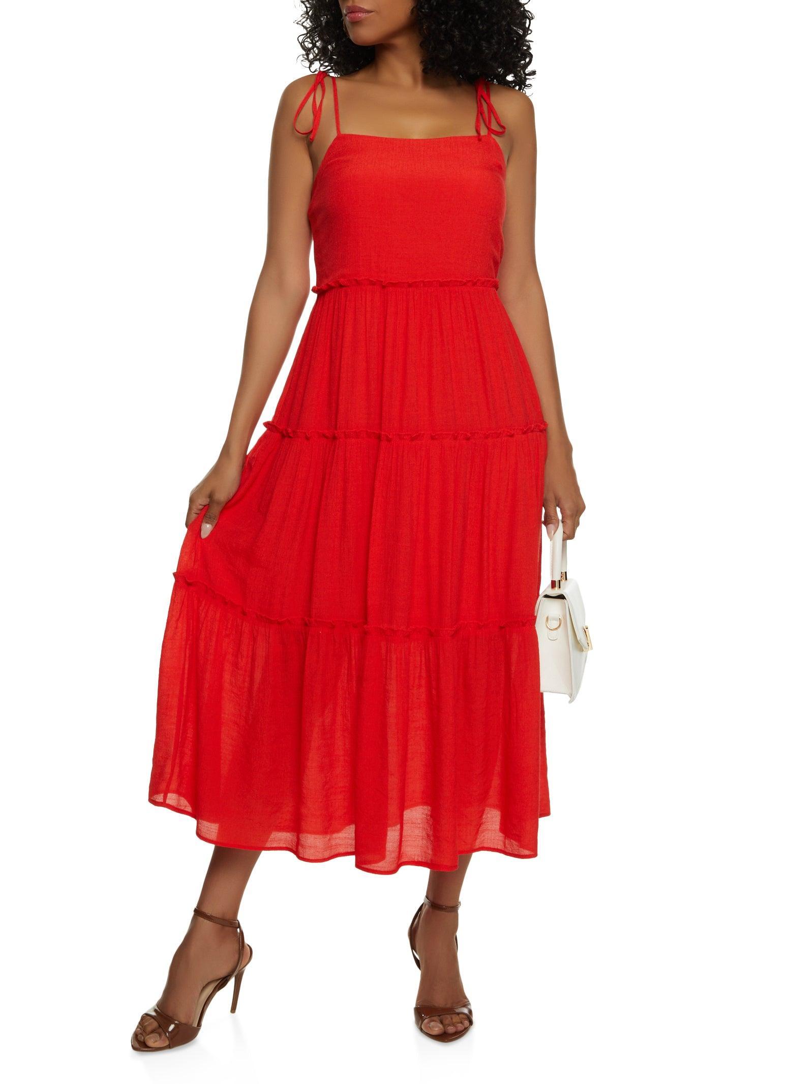 Womens Tie Strap Tiered Midi Dress Product Image