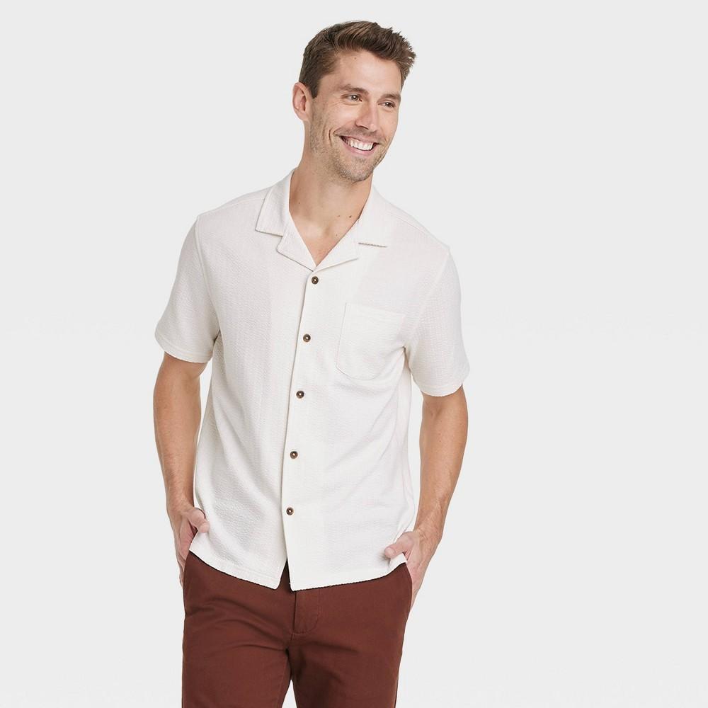 Mens Short Sleeve V-Neck Button-Down Shirt - Goodfellow & Co Cream L Product Image