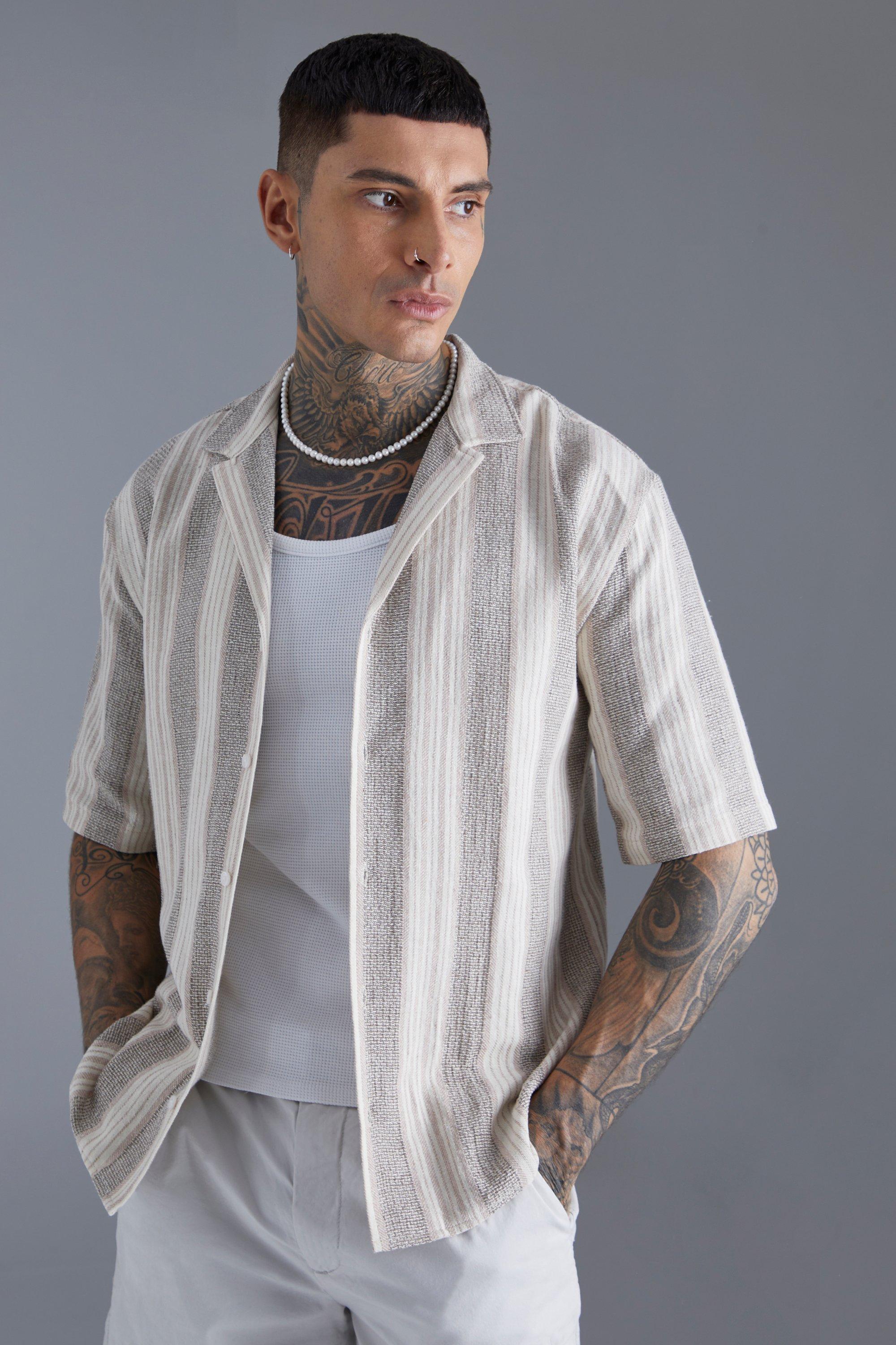 Mens Cream Dropped Revere Linen Look Stripe Shirt, Cream Product Image