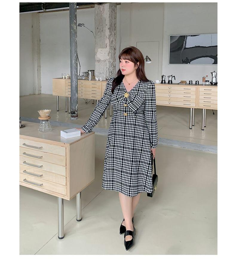 Plus Size Long-Sleeve V-Neck Plaid Bow Midi A-Line Dress Product Image