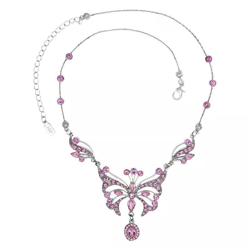 1928 Silver Tone Pink Crystal Butterfly Necklace, Womens Product Image