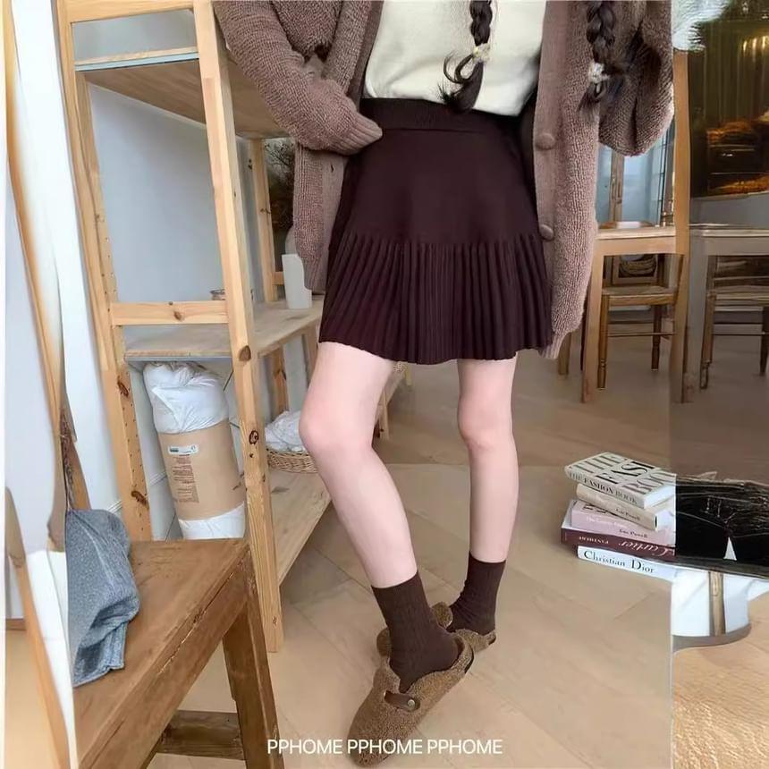 High Waist Plain Pleated Knit Mini A-Line Skirt product image