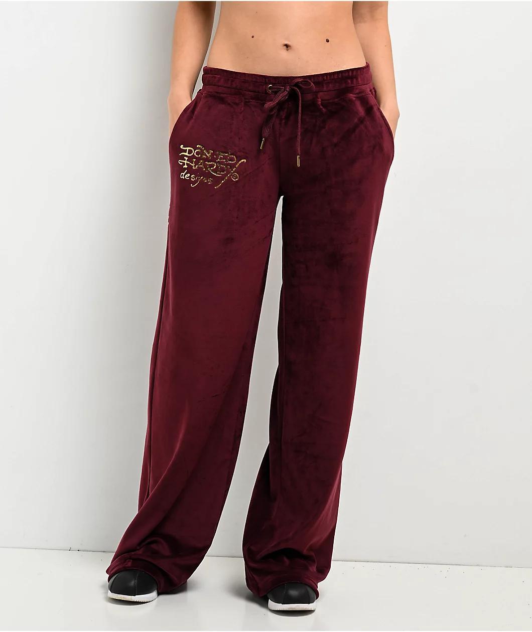 Ed Hardy Retro Tiger Burgundy Velour Track Pants Product Image