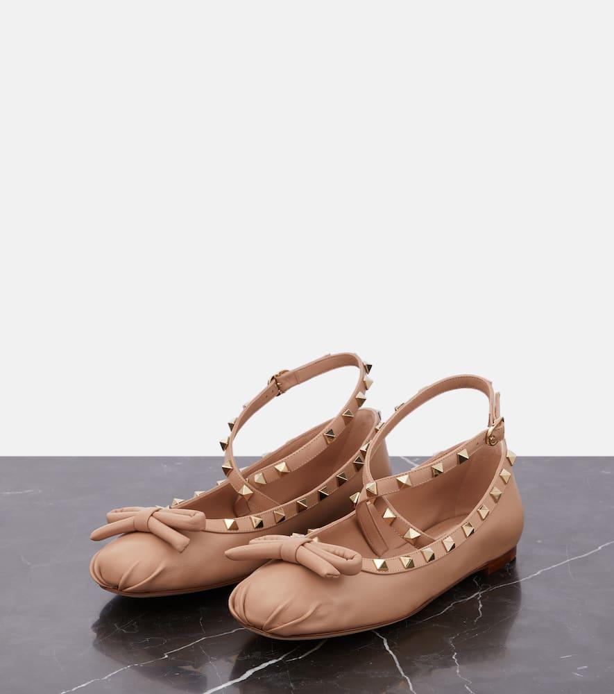 Rockstud Satin Ballerina Flats In Beige Product Image