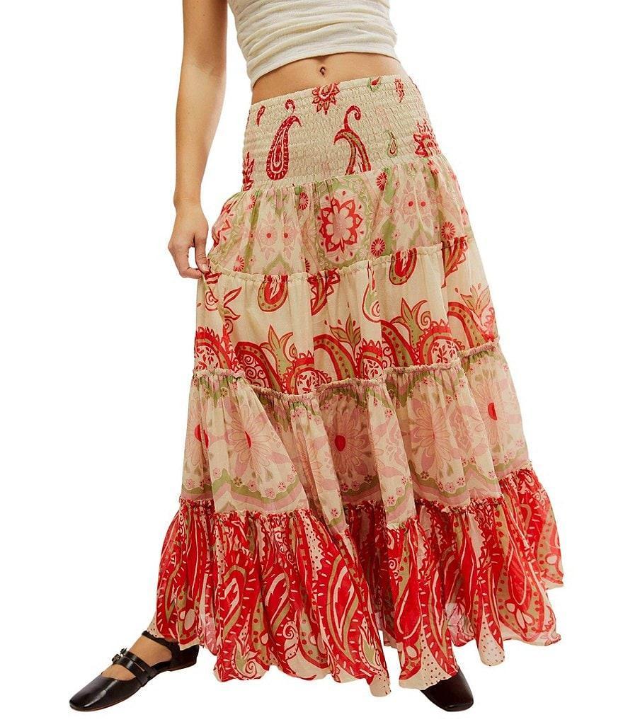 Free People Super Thrills Paisley Floral Print Smocked Waist Tiered High Waist A-Line Maxi Skirt product image