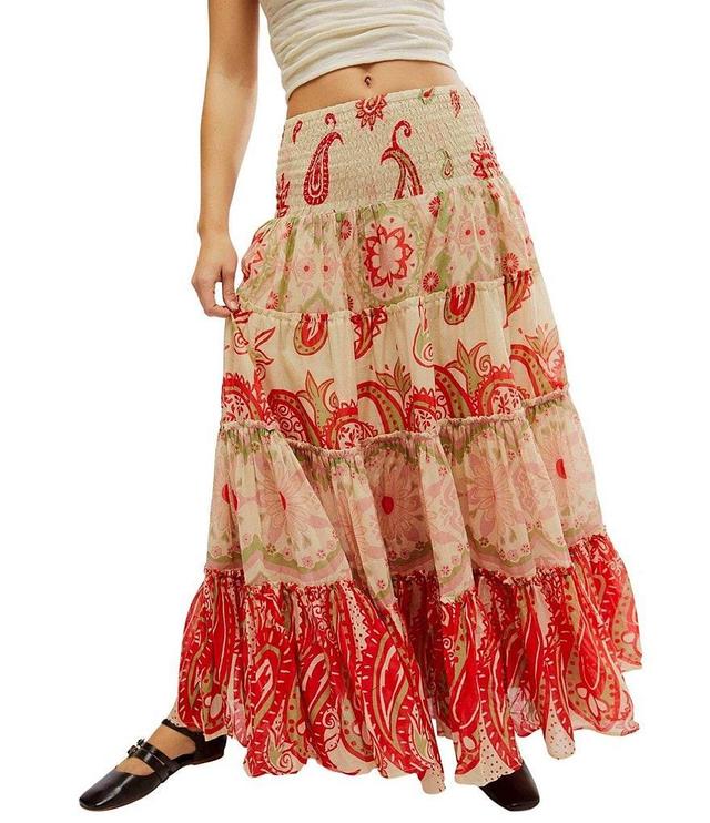 Free People Super Thrills Paisley Floral Print Smocked Waist Tiered High Waist A-Line Maxi Skirt Product Image