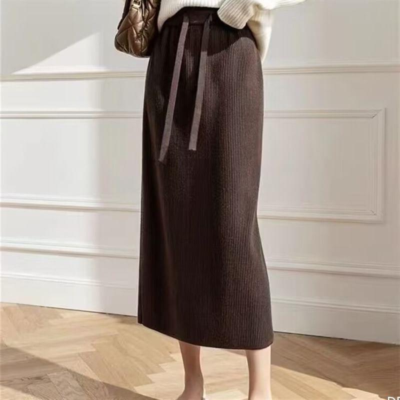 Drawstring Waist Plain Ribbed Midi Pencil Knit Skirt Product Image