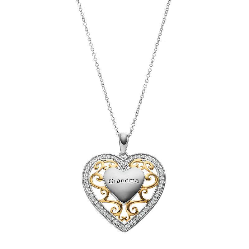 Sentimental Expressions Two Tone Sterling Silver Cubic Zirconia Grandma Heart Necklace, Womens Grey Product Image