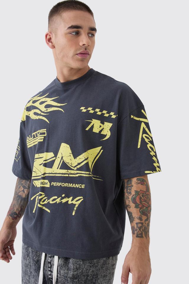 Mens Red Oversized Boxy Moto Racing Flame T-Shirt, Red Product Image