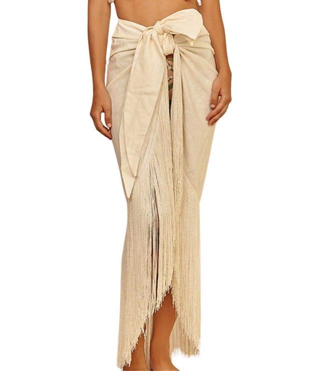 Bahia Maria Ofelia Fringe Linen Wrap Maxi Swim Sarong Skirt Cover-Up Product Image