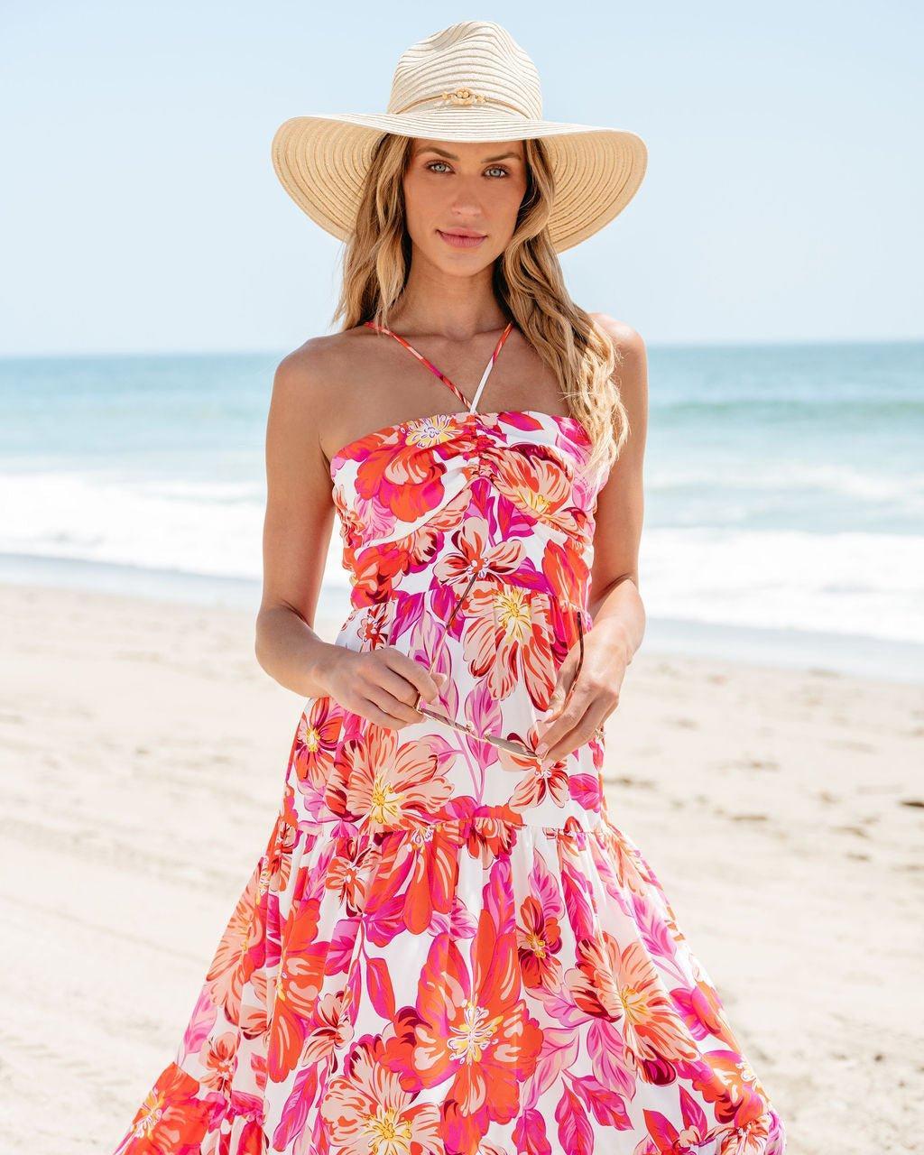 Orange Floral Print Halter Maxi Dress - FINAL SALE Product Image