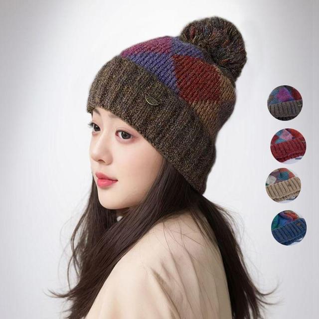 Argyle Pom Pom Knit Beanie Product Image