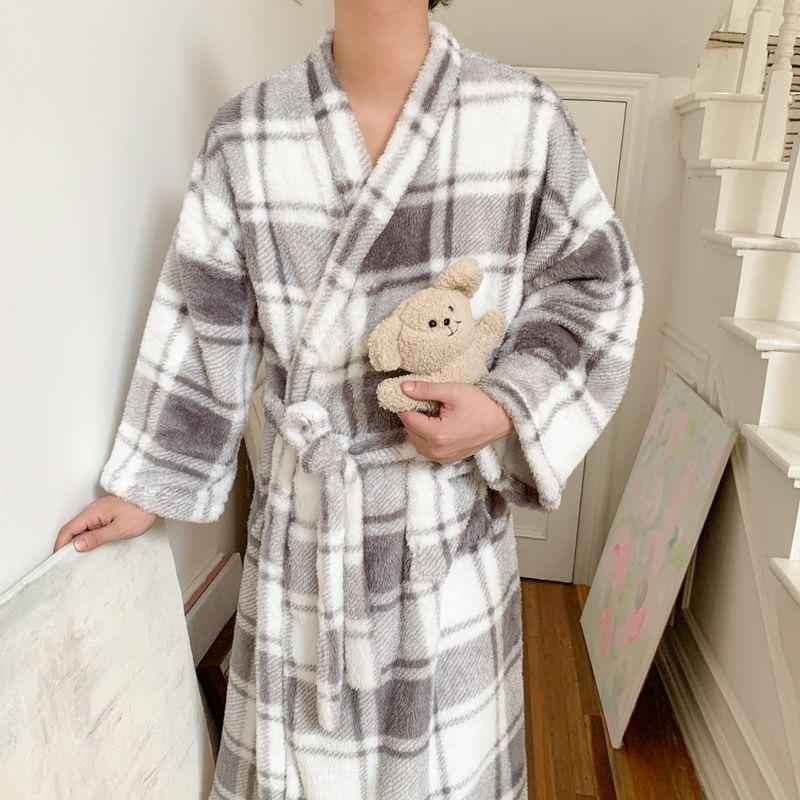 Couple Matching V-Neck Plaid Tie Waist Fleece Pajama Robe Product Image