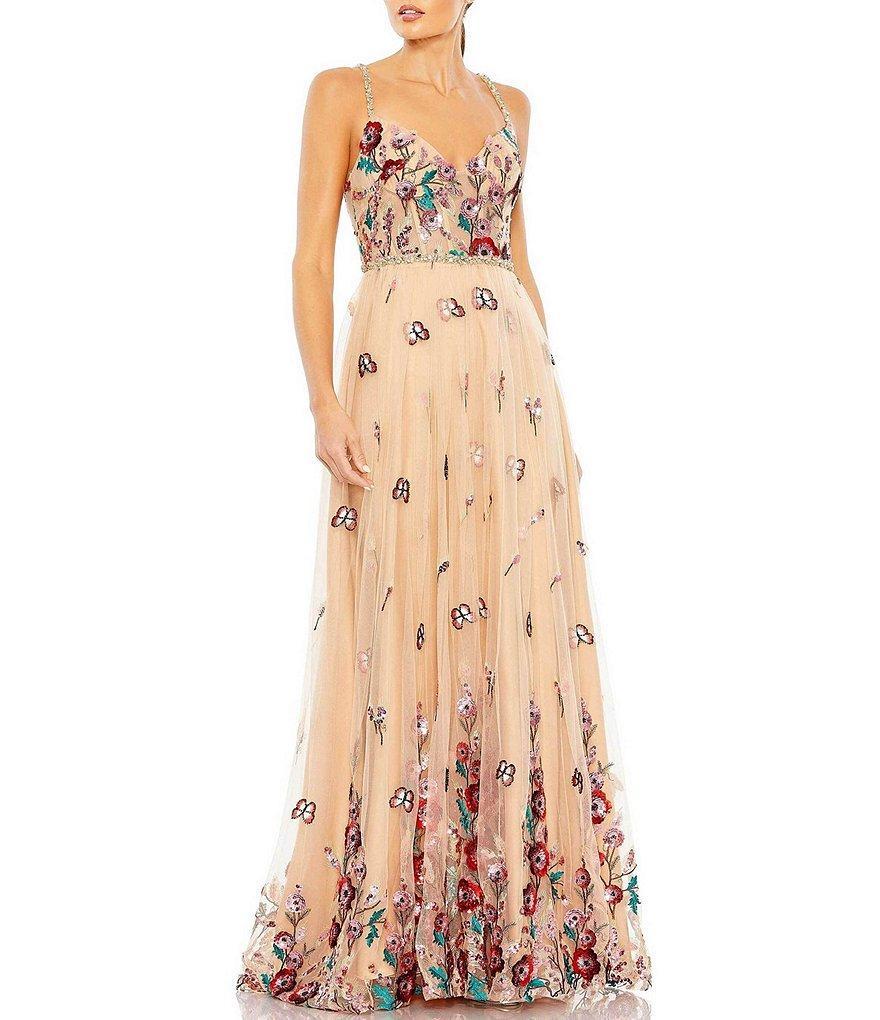 Mac Duggal Floral Embellished Tulle V-Neck Sleeveless Gown Product Image