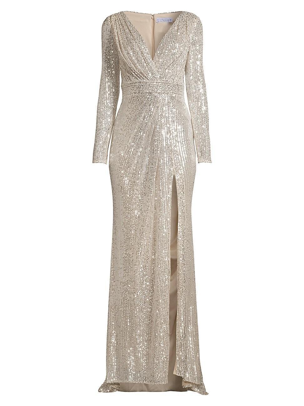 Mac Duggal Sequin Long Sleeve Faux Wrap Gown Product Image