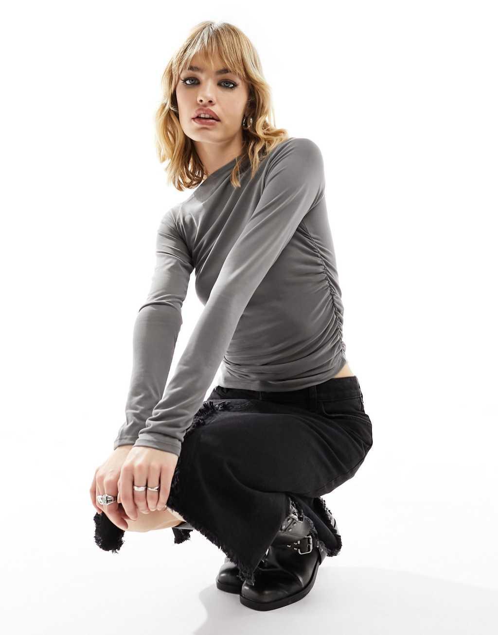 Weekday Main asymmetric long sleeve top in khaki gray Product Image