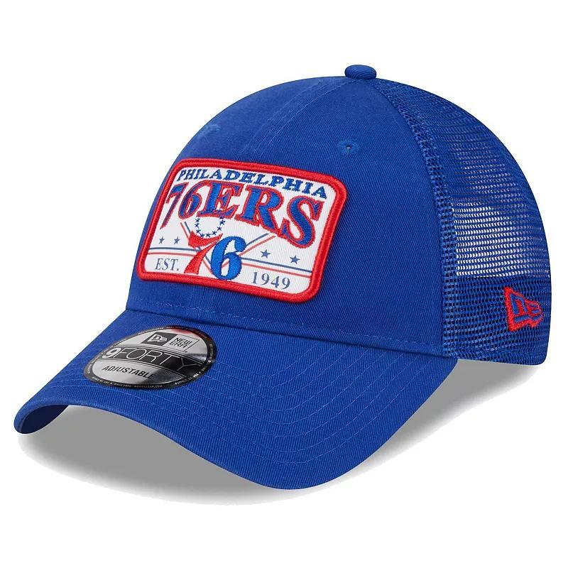 Mens New Era Royal Philadelphia 76ers Plate Oversized Patch Trucker 9FORTY Adjustable Hat Product Image