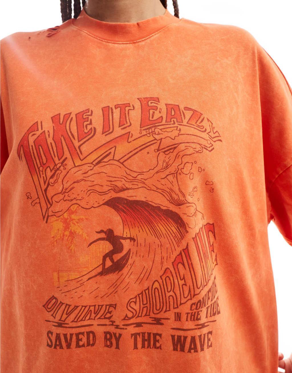 Urban Revivo surf print oversized t-shirt in acid wash orange Product Image