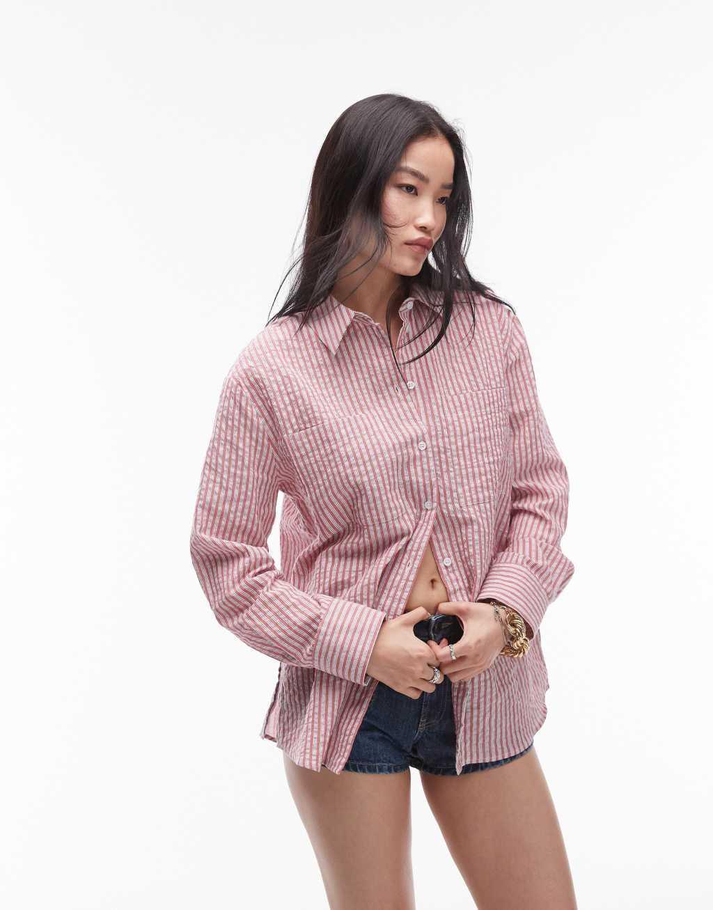 Topshop seersucker shirt in red & ivory stripe Product Image