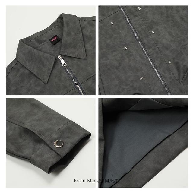 Lapel Collar Plain Studded Faux Leather Zip Jacket Product Image