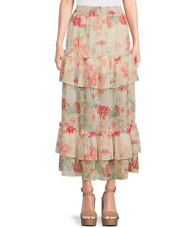 Love & Piece Floral High Rise Coordinating Smocked Waist Tiered Maxi Skirt Product Image