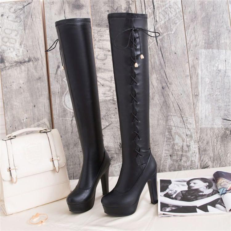 Block Heel Faux Leather Over-The-Knee Boots Product Image