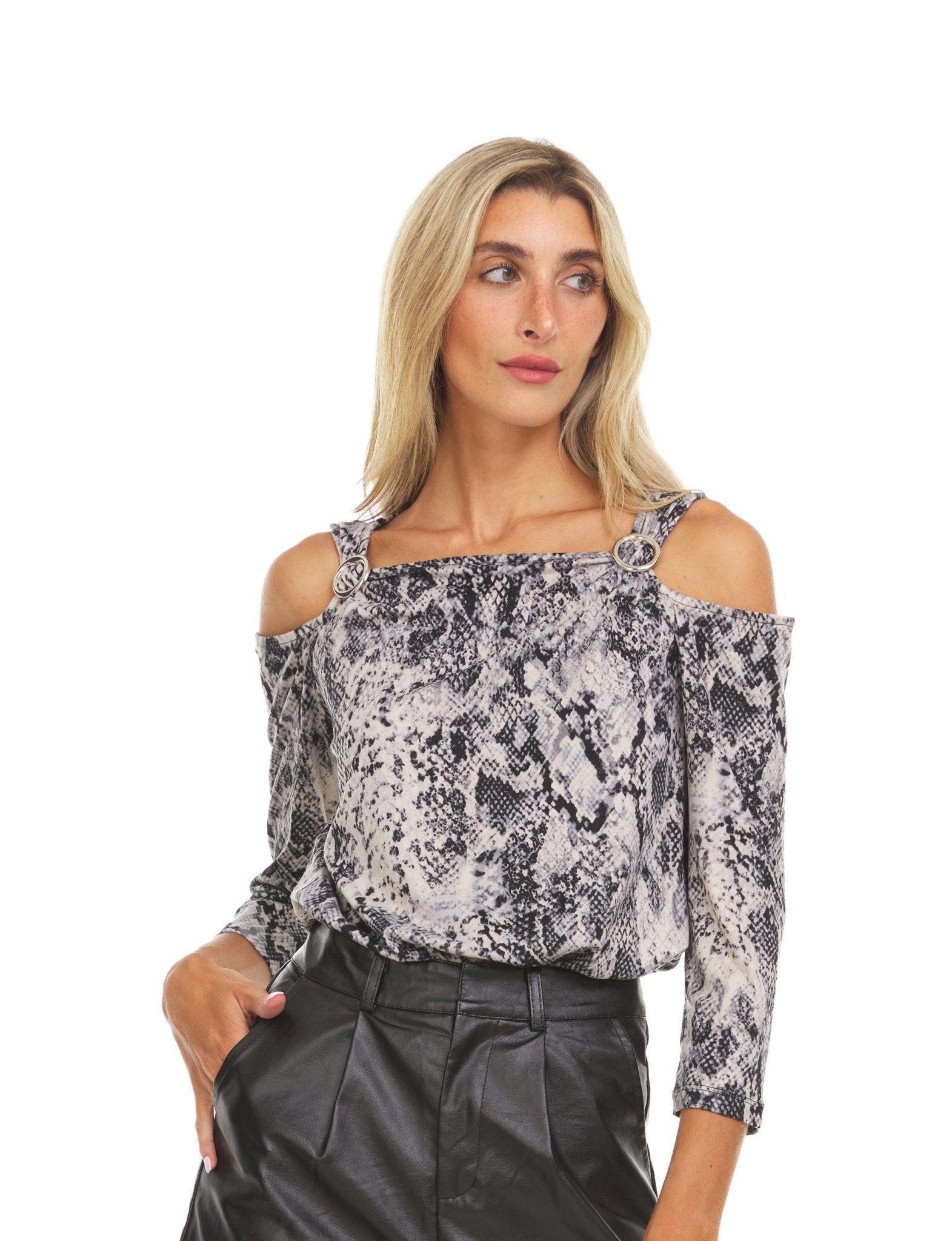 Python Print 3/4 Sleeve Cold Shoulder Top With Shoulder Strap Grommet Product Image