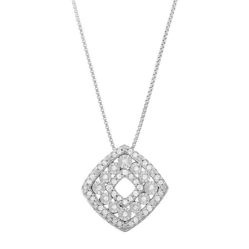 Sterling Silver 1/5 Carat T.W. Diamond Square Pendant Necklace, Womens White Product Image