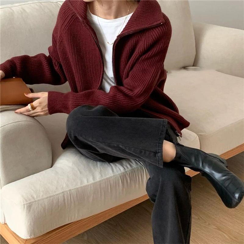 Plain Ribbed Zip Cardigan Product Image