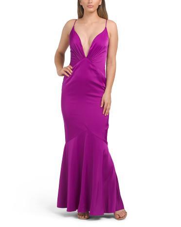 Stretch Satin V-neck Gown for Women | Polyester/Elastane Product Image