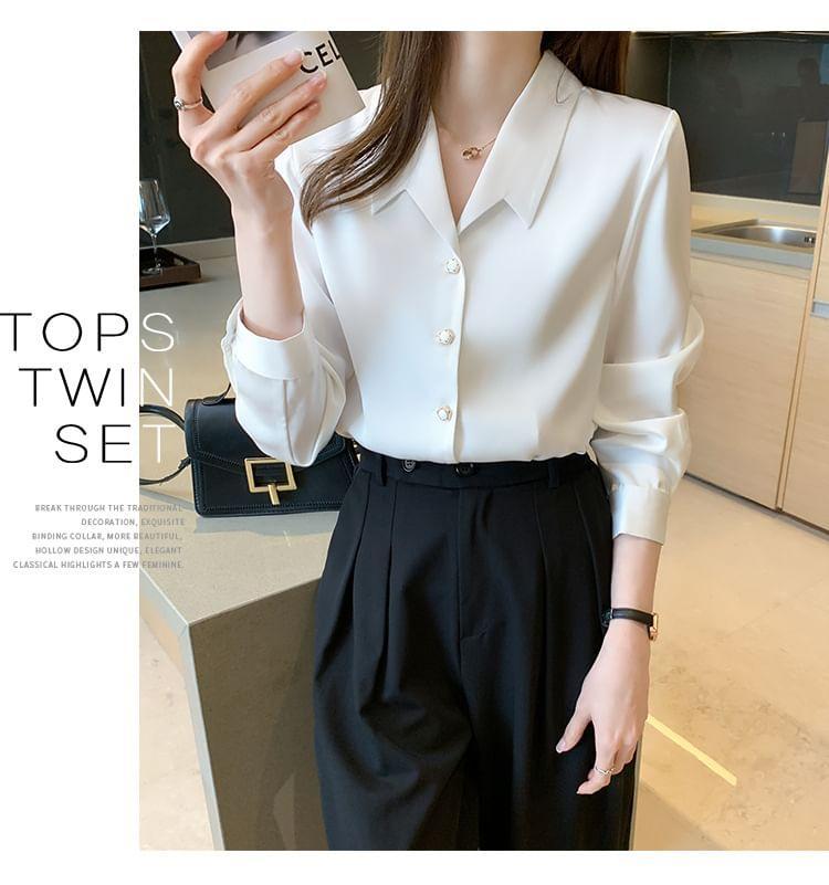 Long-Sleeve V-Neck Plain Shirt Product Image