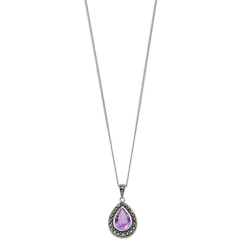 Tori Hill Sterling Silver Amethyst & Marcasite Teardrop Pendant Necklace, Womens Product Image