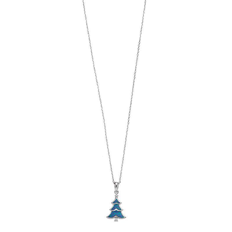 Sterling Silver Lab-Created Blue Green Opal & Lab-Created White Sapphire Pine Tree Pendant Necklace, Womens Product Image