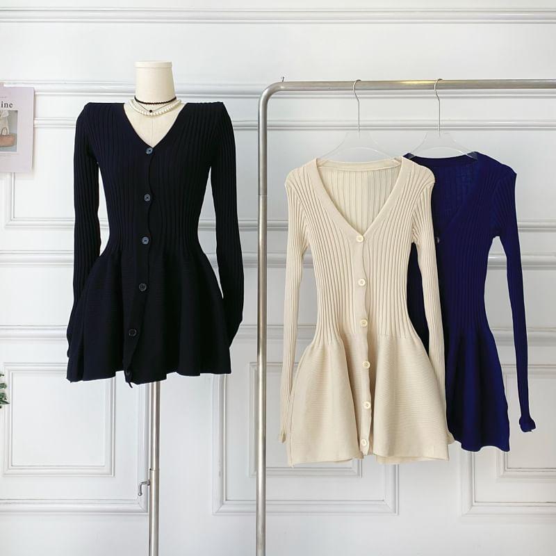 Long-Sleeve V-Neck Plain Button-Up Mini A-Line Knit Dress Product Image